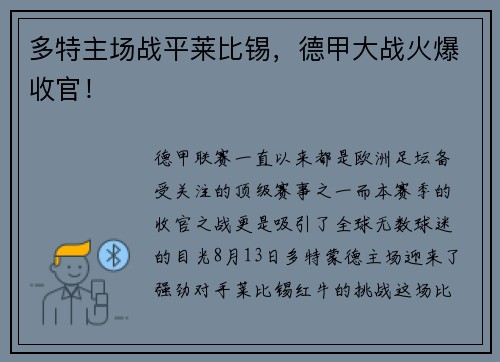 多特主场战平莱比锡，德甲大战火爆收官！